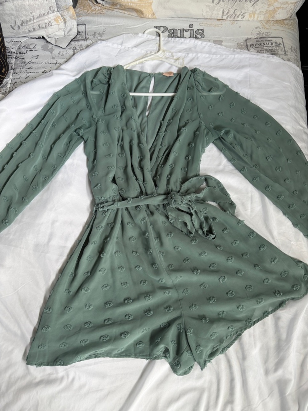 Sage Green Long-Sleeve Wrap short Mini Dress with Tie Waist